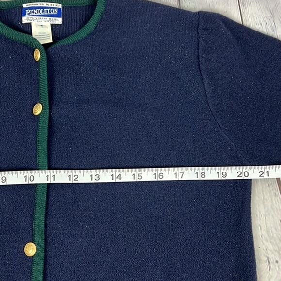 Vintage Pendleton Wool Cardigan Navy Blue Green trim Gold Buttons Size S Classic - Picture 4 of 10